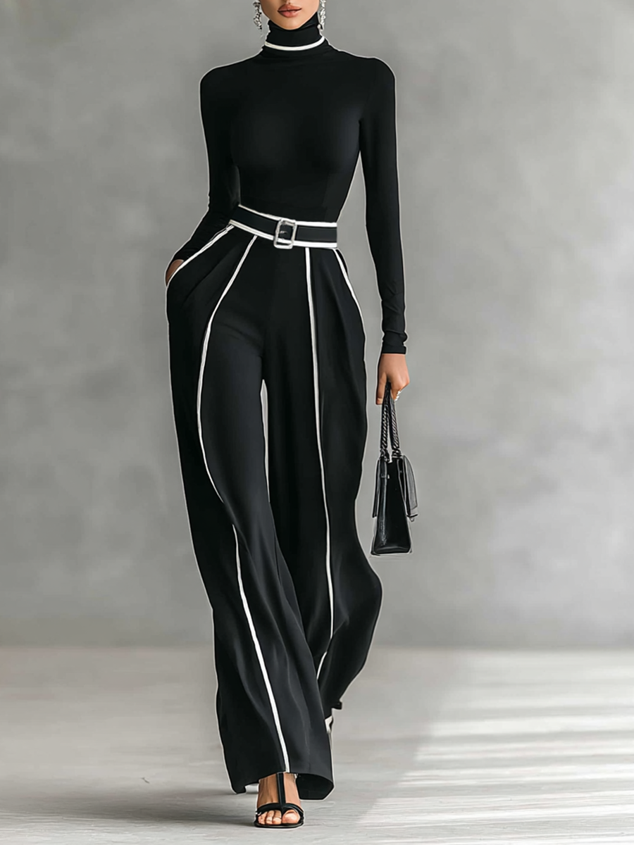 Ensemble de deux pièces pour femme avec top à col montant à manches longues, pantalons à jambes larges et ceinture