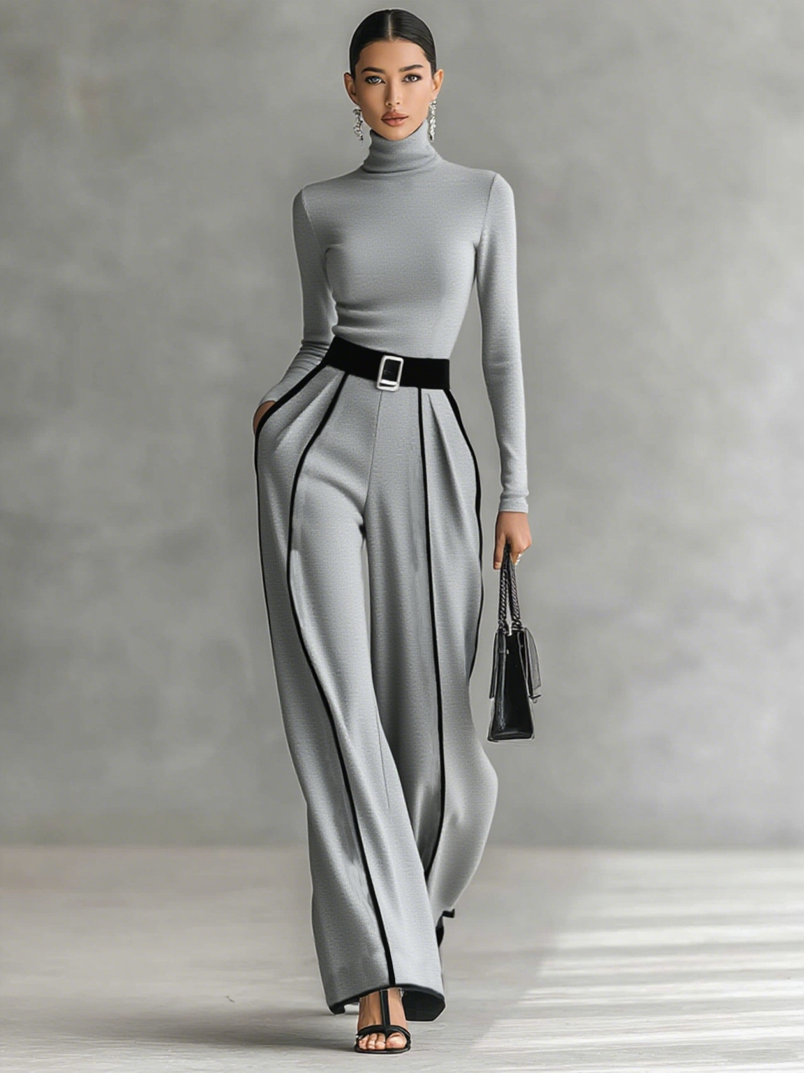 Ensemble de deux pièces pour femme avec top à col montant à manches longues, pantalons à jambes larges et ceinture