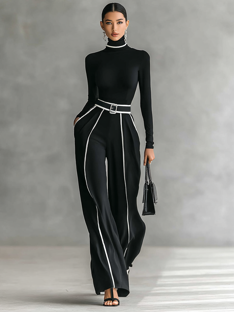 Ensemble de deux pièces pour femme avec top à col montant à manches longues, pantalons à jambes larges et ceinture