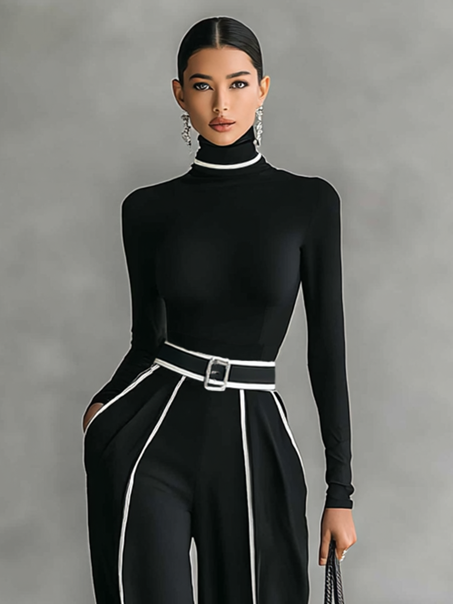 Ensemble de deux pièces pour femme avec top à col montant à manches longues, pantalons à jambes larges et ceinture