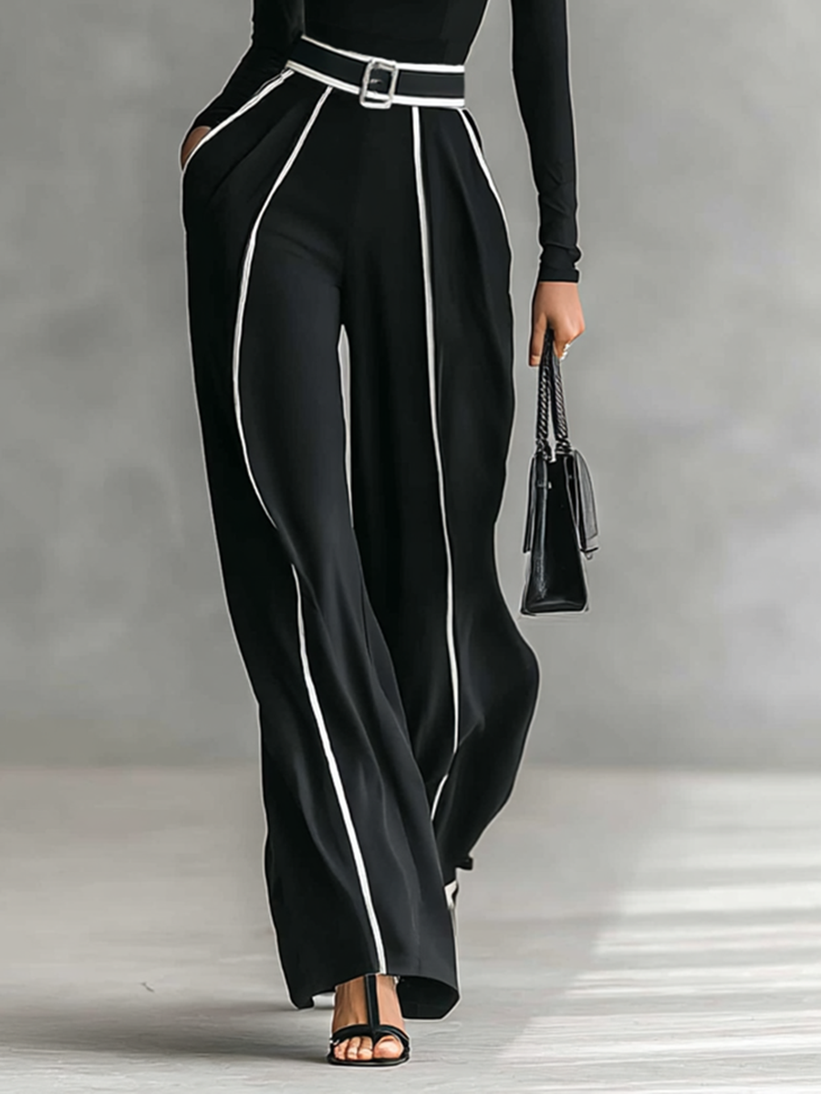 Ensemble de deux pièces pour femme avec top à col montant à manches longues, pantalons à jambes larges et ceinture