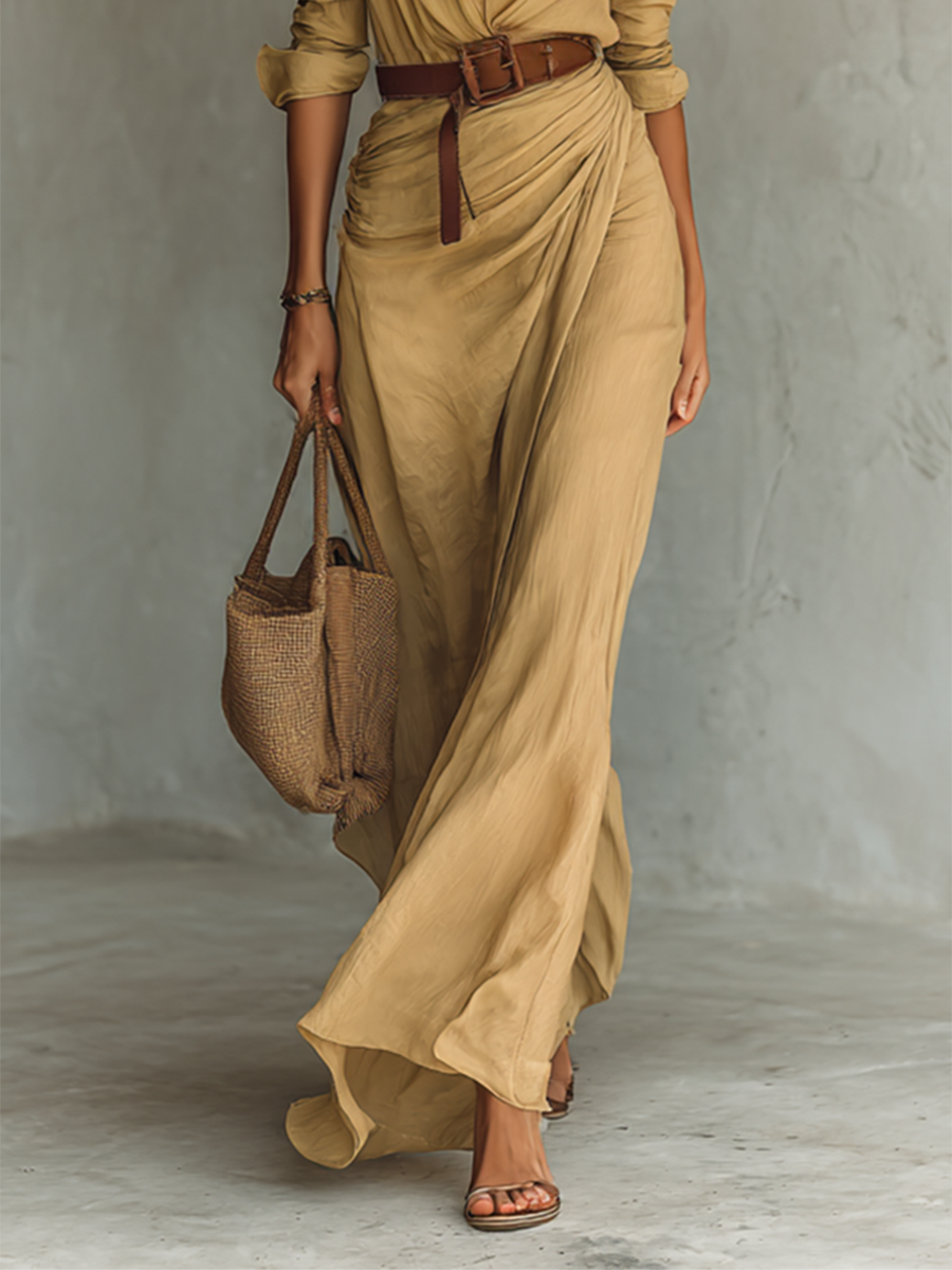 Robe Maxi Longue avec Col Rabattu et Ceinture Incluse