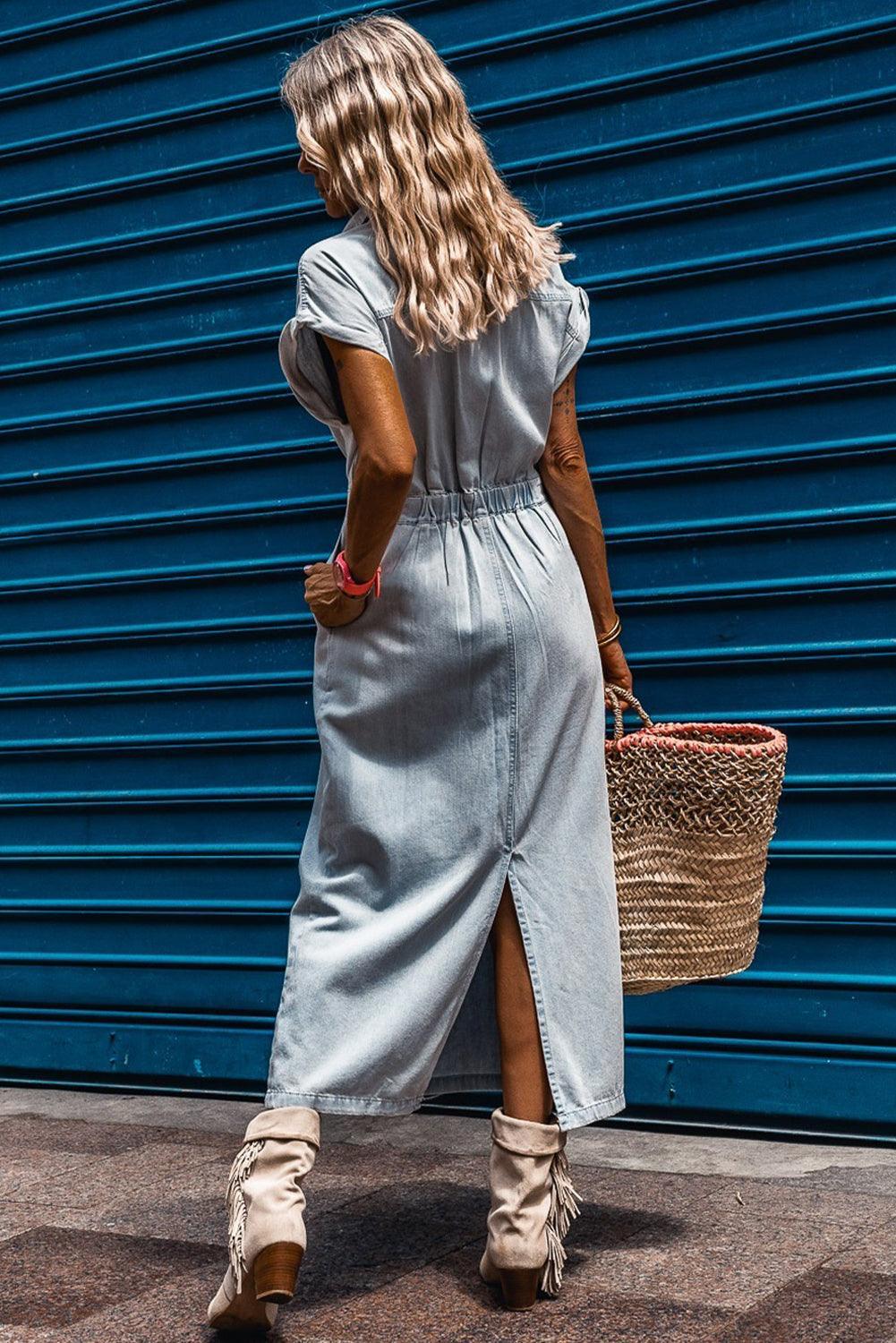 Caroline® | Robe en Jean Élégante avec Manches Courtes Chauve-Souris