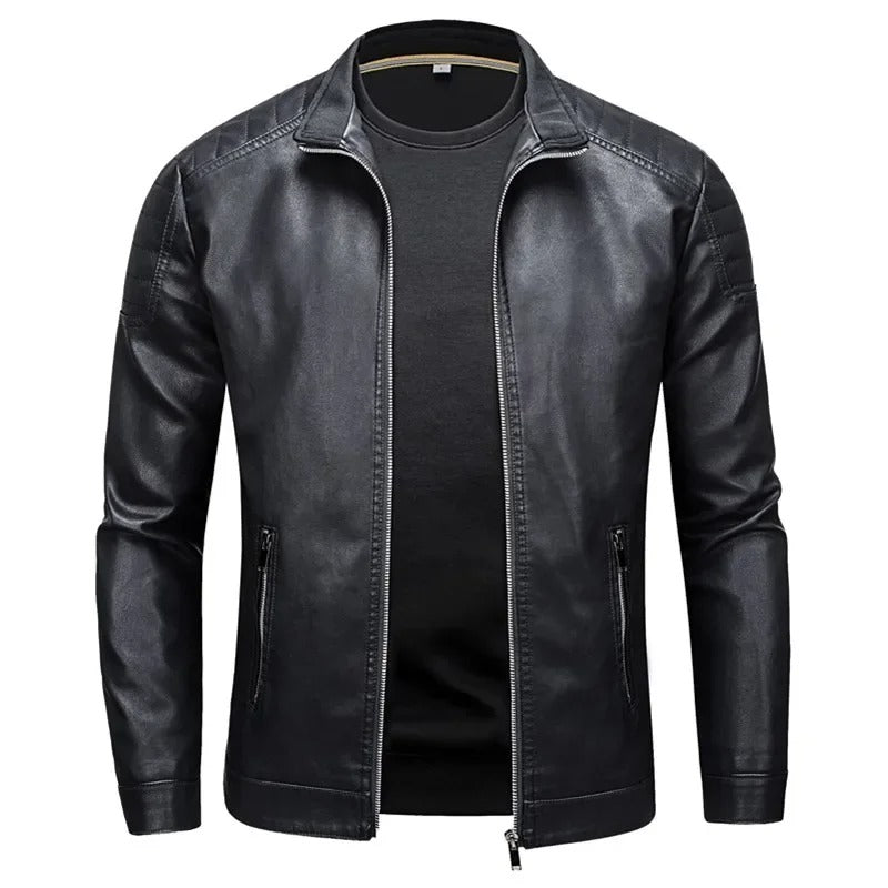 Veste en Cuir à Col Montant
