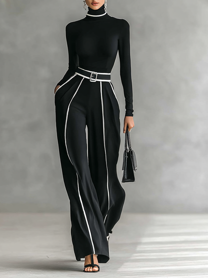 Ensemble de deux pièces pour femme avec top à col montant à manches longues, pantalons à jambes larges et ceinture