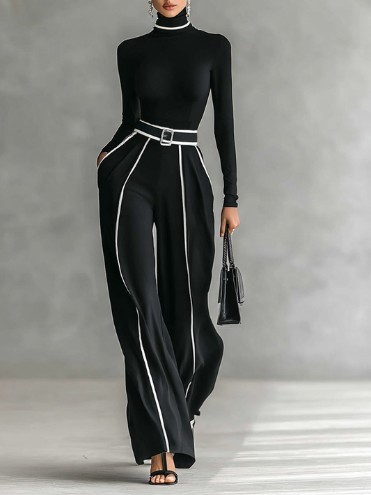 Ensemble de deux pièces pour femme avec top à col montant à manches longues, pantalons à jambes larges et ceinture