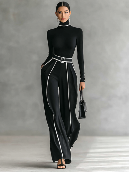 Ensemble de deux pièces pour femme avec top à col montant à manches longues, pantalons à jambes larges et ceinture