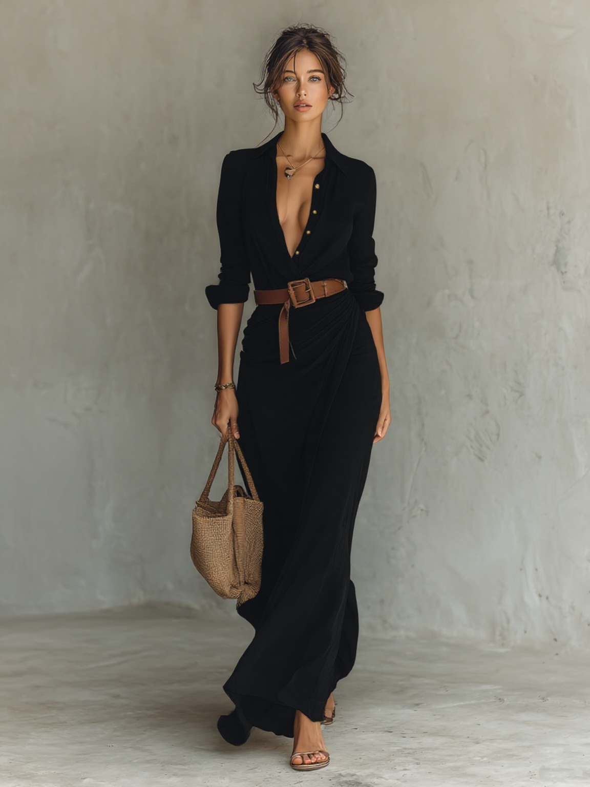Robe Maxi Longue avec Col Rabattu et Ceinture Incluse