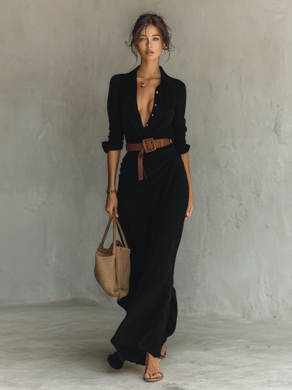 Robe Maxi Longue avec Col Rabattu et Ceinture Incluse