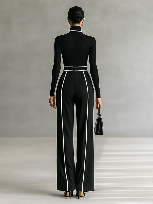 Ensemble de deux pièces pour femme avec top à col montant à manches longues, pantalons à jambes larges et ceinture