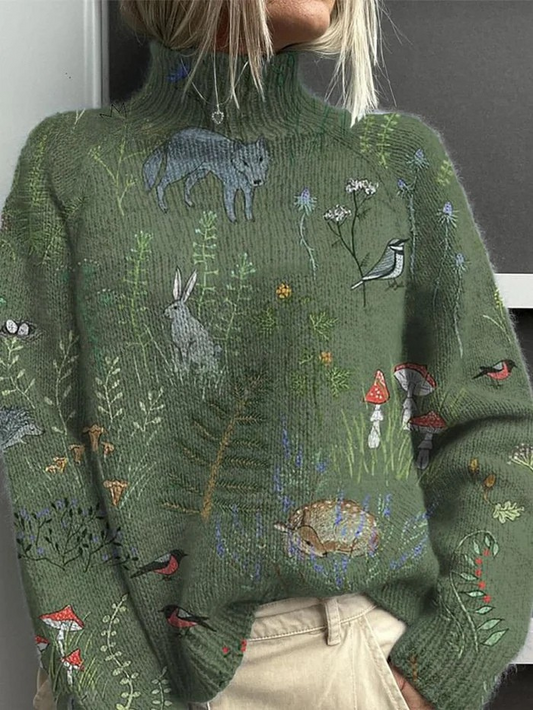 Pull en maille à col roulé imprimé motif woodland et animal