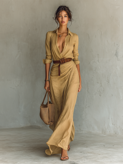Robe Maxi Longue avec Col Rabattu et Ceinture Incluse
