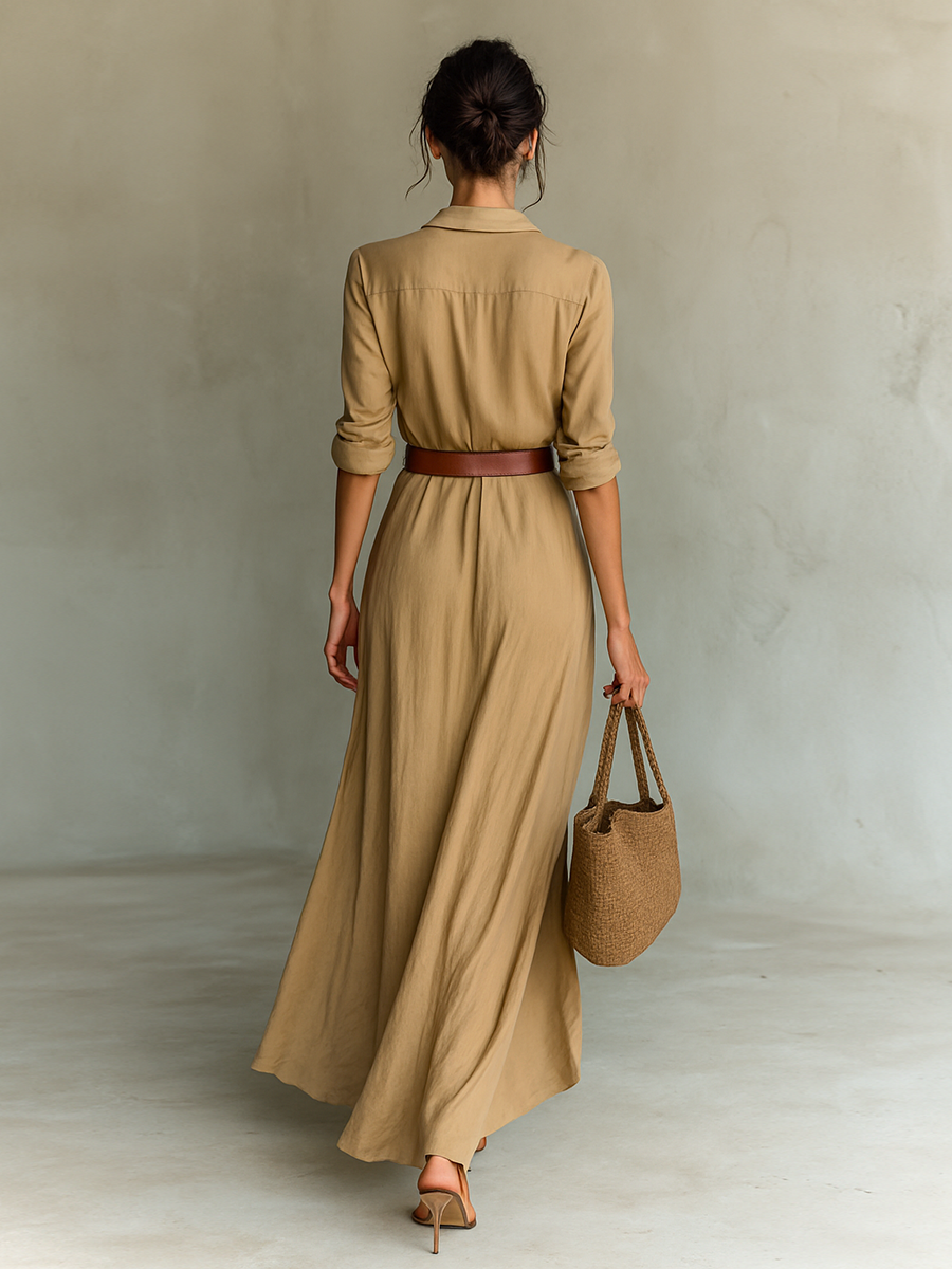 Robe Maxi Longue avec Col Rabattu et Ceinture Incluse
