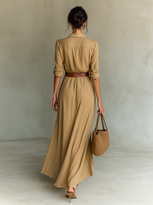 Robe Maxi Longue avec Col Rabattu et Ceinture Incluse